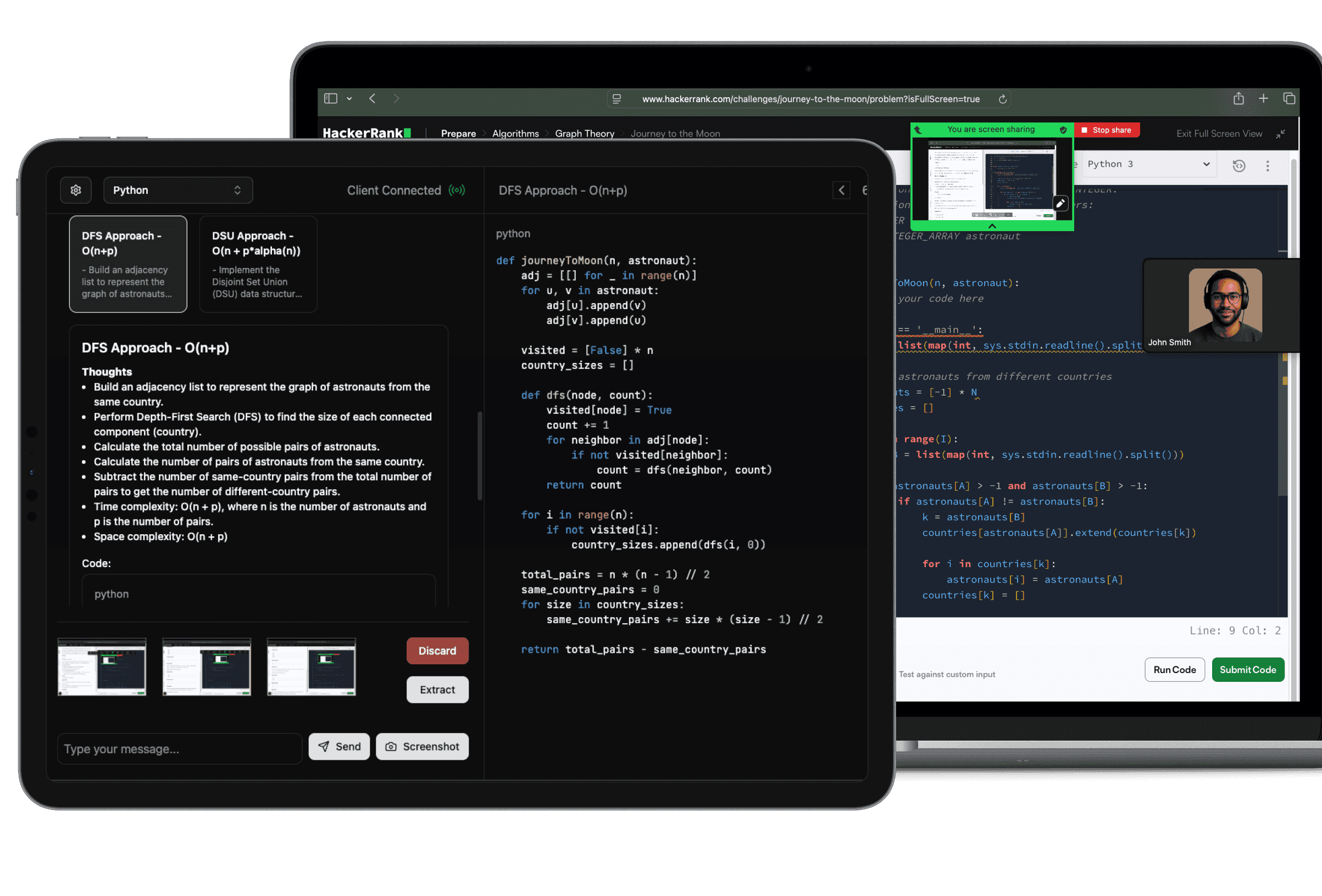 LeetPilot interface showing a coding problem being solved with multiple solution approaches displayed on a secondary device