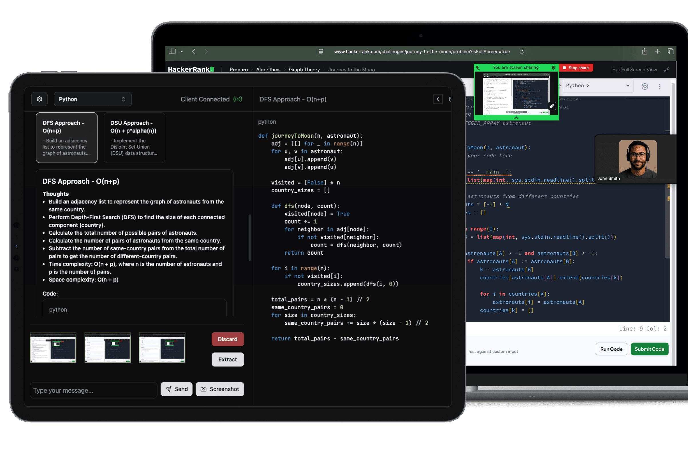 LeetPilot interface showing a coding problem being solved with multiple solution approaches displayed on a secondary device