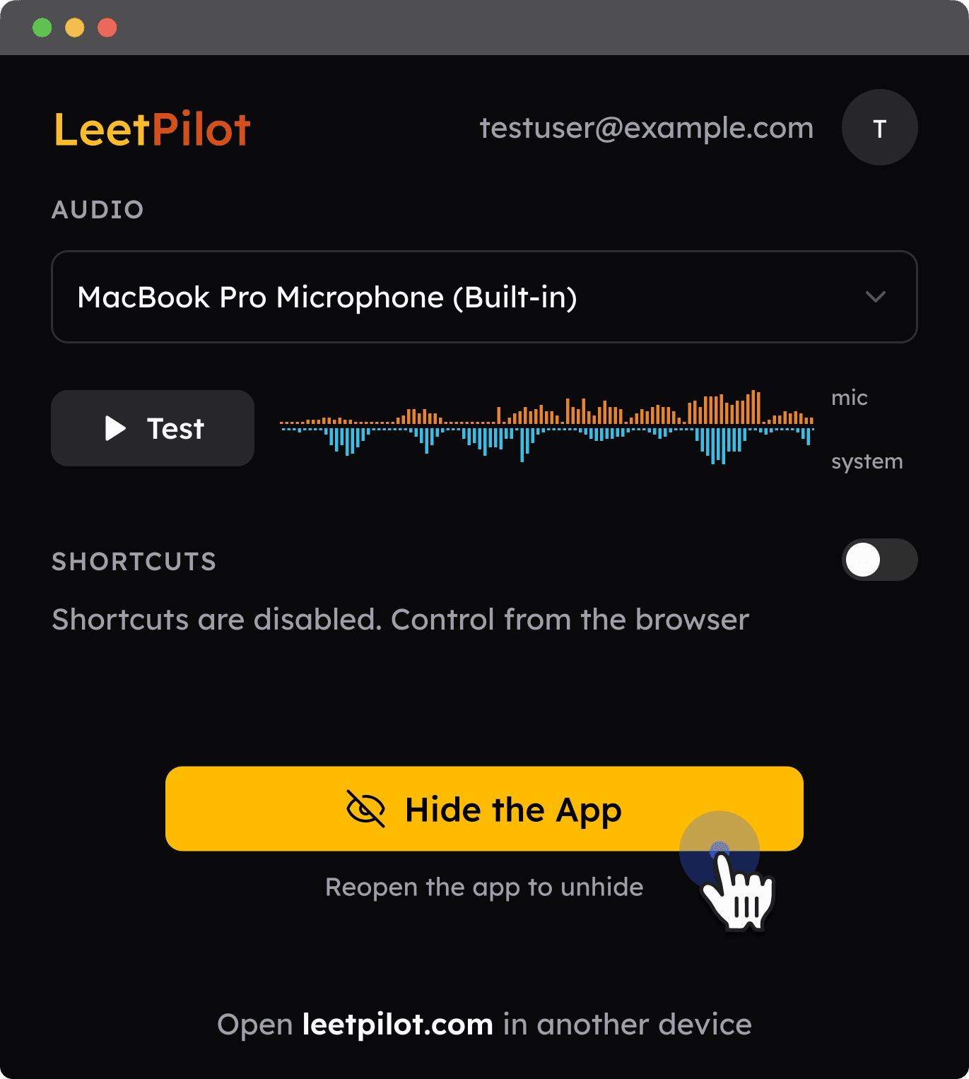 The LeetPilot desktop app showing audio input, disabled shortcuts and a Hide the App button