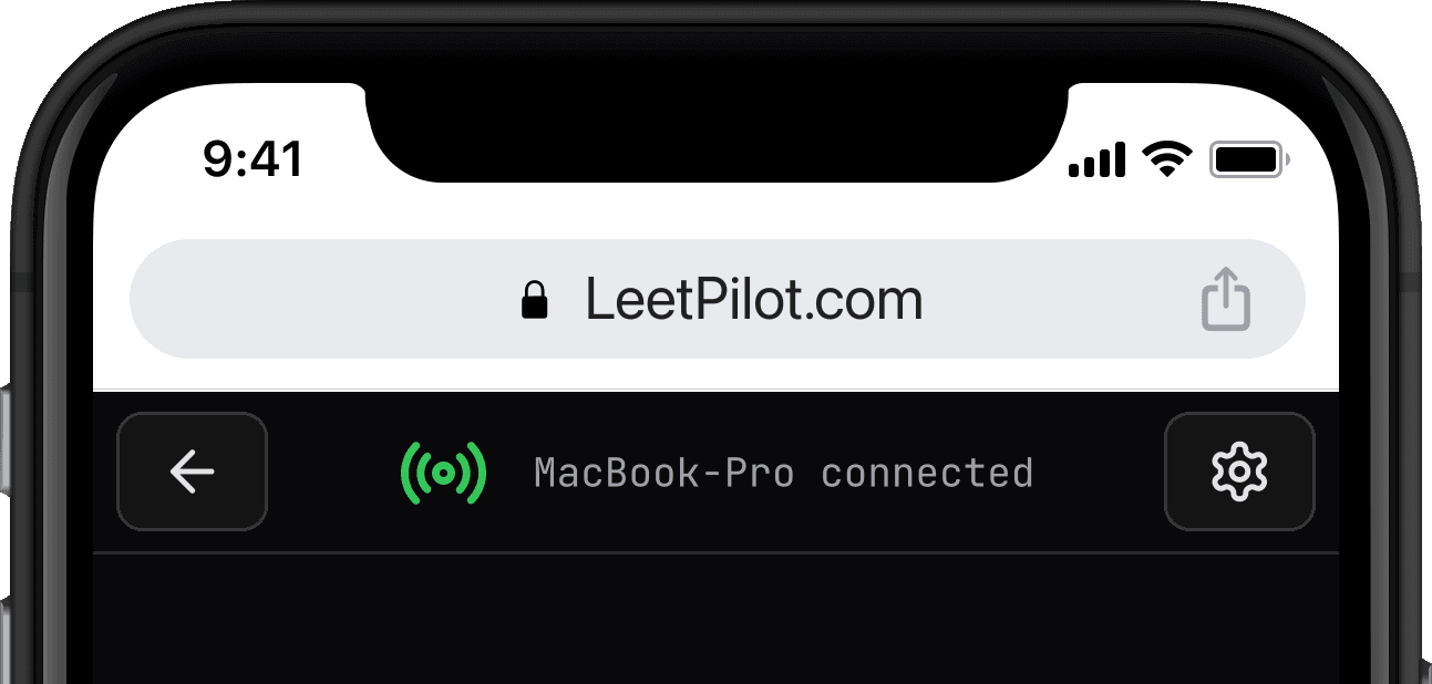 A phone browser open at leetpilot.com, showing the Mac it is connected to